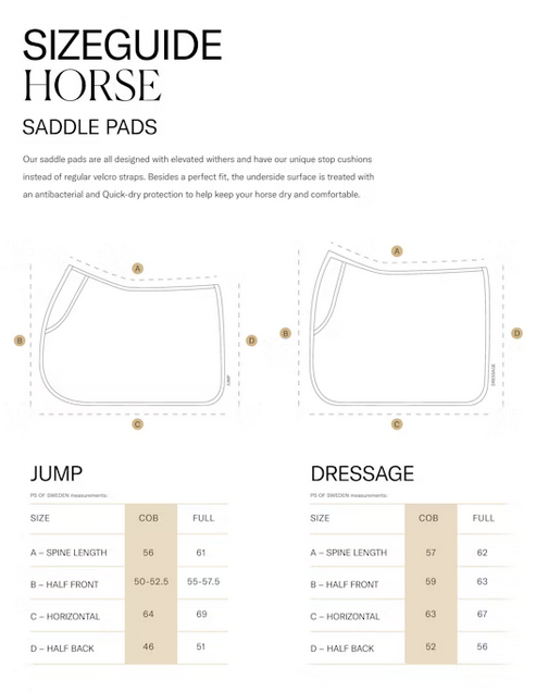 PS OF SWEDEN SADDLE PADS 24  Größentabelle